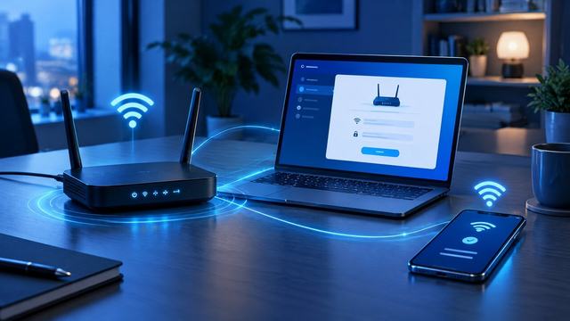 Роутер D-Link на столе с подключенными кабелями и ноутбуком для настройки